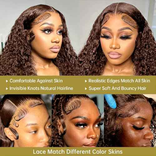 Full Brown Deep Wave Lace Front Wigs Human Hair Pre Plucked 220% Density 13x6 Chocolate Brown Curly Lace Frontal Wigs Human Hair for Women Brazilian Virgin Hair 22inch