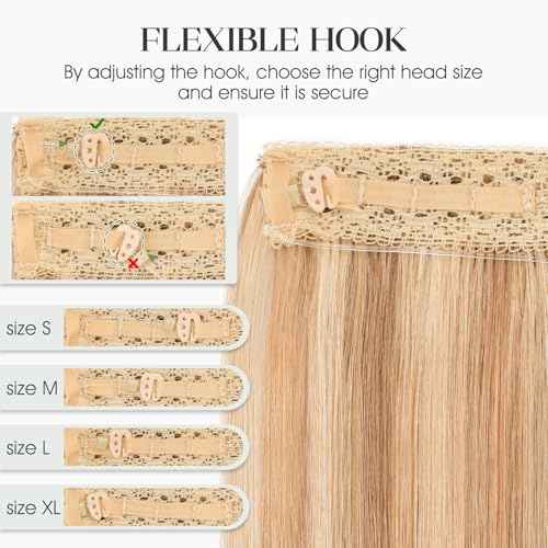 Halo Hair Extensions Real Human Hair Invisible Wire Extensions with Transparent Fish Line Adjustable Size Golden Brown & Bleach Blonde 22 inch