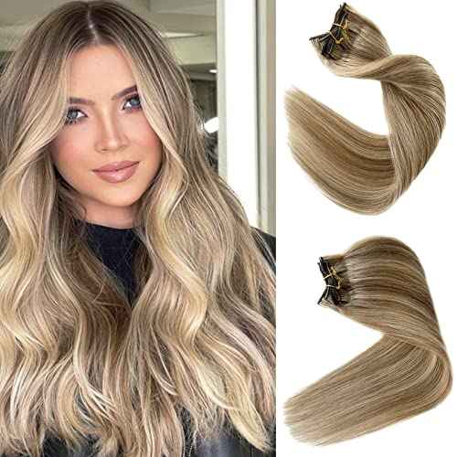 Blonde Clip in Human Hair Extensions Real Remy Natural Hair 20Inch Light Blonde Highlighted Golden Blonde Balayage Clip for Hair Extensions 7 Pieces 70G