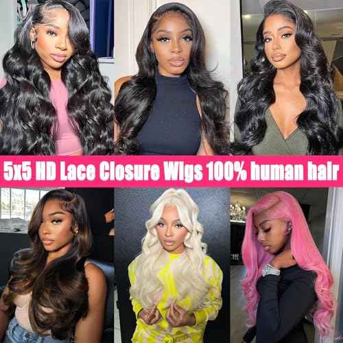 5x5 HD Lace Closure Wigs Glueless Wigs Human Hair Pre Plucked Pre Cut Human Hair Wear and Go Body Wave Lace Front Wigs Human Hair for Black Women 180 Density 20 Inch