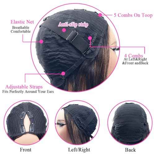 Highlight V Part Wigs Human Hair Straight Brazilian Virgin Human Hair Wigs Ombre Brown Upgrade U Part Wigs 180% Density Glueless Full Head Clip In Half Wigs 20inch #FB30