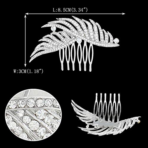 EVER FAITH Women's Austrian Crystal Bridal Elegant 2 Peacock Feather Hair Comb Clear Silver-Tone