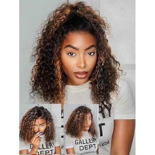 ISEE Hair Highlight Glueless Bob Wigs Human Hair Pre Plucked Pre Cut 2/30 Honey Blonde Curly Human Hair Wig for Black Women Ombre Water Wave 5x7 HD Lace Closure Wigs with Elastic Band 14 Inch