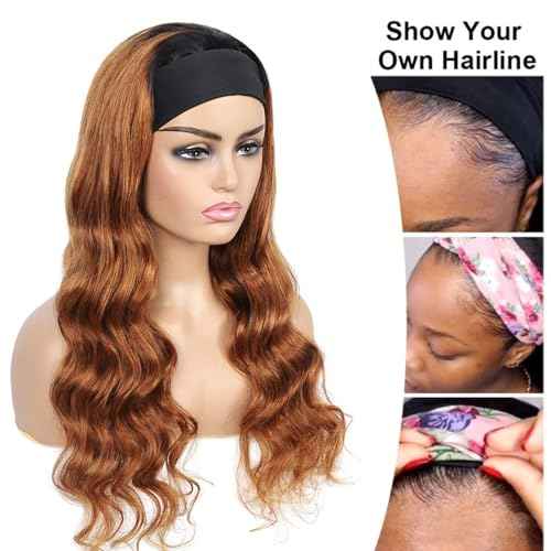 16 Inch 1B30 Dark Brown Headband Wig Human Hair 150% Density Grade 8A Unprocessed Brazilian Virgin Hairs Machine Made Ombre Body Wave Headband Wig Human Hair None Lace Front Wig