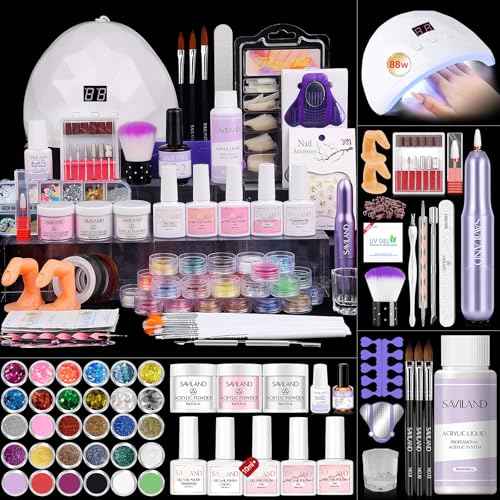 SAVILAND Acrylic Nail Kit with Drill: Professional Nails Kit Acrylic Set for Beginners with Everything U V Light Gel Polish Brushes Monomer Liquid Decorations & Tools Kit Home DIY Nail Art Salon