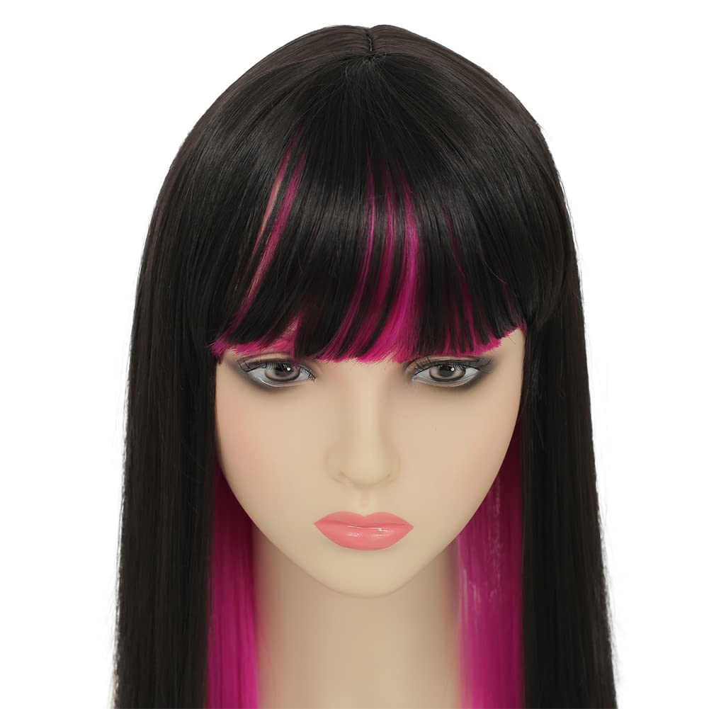 Dai Cloud Black Mix Purple Long Straight Wigs with Bangs for Women Cosplay Party Costume Synthetic Hair Wigs(Black and Purple)