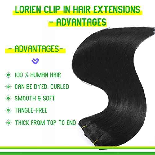 LORIEN Clip in Hair Extensions Real Human Hair, 24 Inch 120g, 1 Jet Black, Clip in 100% Brazilian Remy Human Hair Extensions 8pcs Per Set with 18 Clips Double Weft