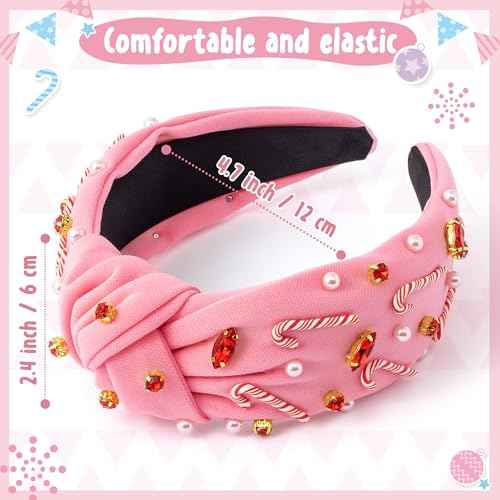 PANTIDE Christmas Jeweled Knotted Headband - Xmas Candy Cane Rhinestone Crystal Pearl Embellished Headband None Slip Wide Top Knot Fashion Hairband Hair Accessories Birthday Gift for Women Girl (Pink)