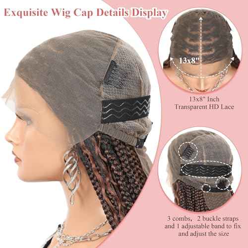 13x8 Inch HD Lace Short Boho Braided Wig Knotless Braided Wigs for Women with Curly End Synthetic Hair Box Braid Wig with Baby Hair Brown 18 Inch