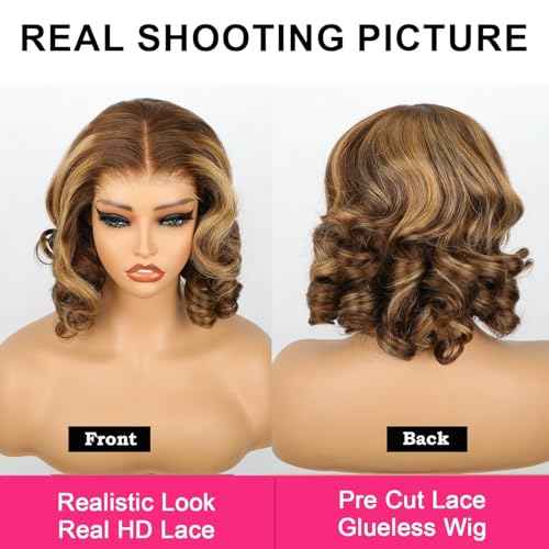 ISEE Wear Go Glueless Wigs Human Hair Pre Plucked Pre Cut Short Bob Body Wave Lace Front Wigs Human Hair for Women Upgraded Glueless Bob Wig 7x5 HD Lace Closure Wigs (Highlight Ombre, 14 Inch)