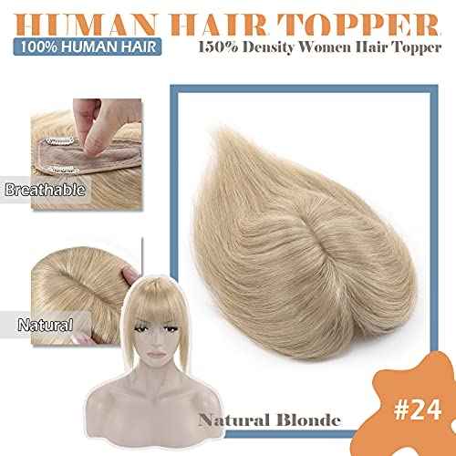 Hairro Human Hair Toppers With Bangs Silk Base Clip In Top Hairpieces Air Bangs Toupee Replacement Clip On Topper On Closure Hair Extensions For Women 16 Inch 48g #24 Natural Blonde