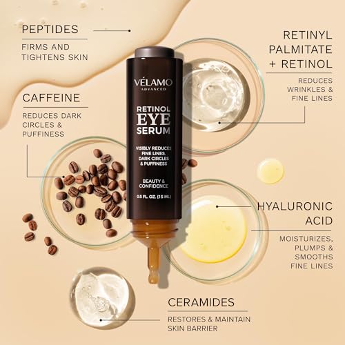 Retinol Eye Cream Anti Aging: Under Eye Cream for Dark Circles Puffiness Eye Bags - Help Reduce Appearance of Wrinkles Fine Lines - with Caffeine Peptides Hyaluronic Acid Ceramides 0.5 FL OZ/15mL
