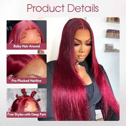 200% Density Burgundy Wig Human Hair,[2 Year Life],28 Inch 99j Burgundy 13x6 HD Lace Front Wigs Human Hair Pre Plucked,Straight Wigs Human Hair for Black Women Free Part