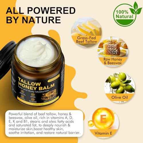 Organic Beef Tallow Honey Balm for Skin & Face, Whipped Beef Tallow Face Moisturizer with Raw Honey, Grass Fed Cow Beef Tallow Cream, All Natural Pure Body Lotion for Women & Men, Unscented 4.2 OZ