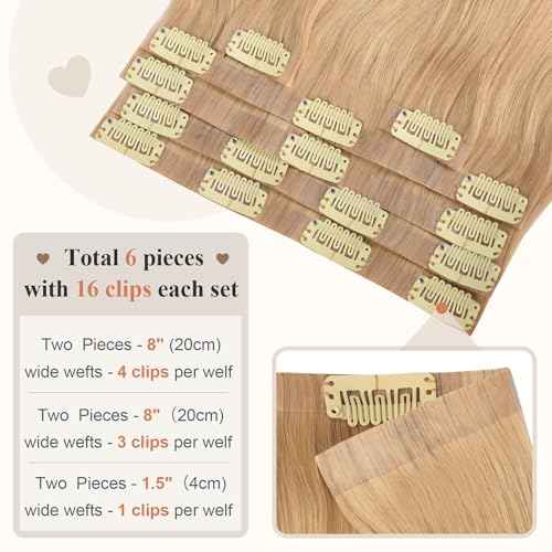 Seamless Clip in Hair Extensions 6pcs 120g, PU Real Human Hair Extensions Clip Ins Straight Dirty Blonde Hair for Women 24Inch, PU Clip-18# Dirty Blonde Straight, 6.0 Ounce