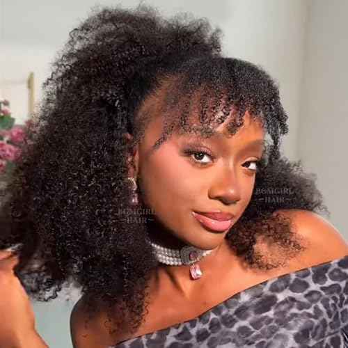 BGM GIRL Half Wig Human Hair Kinky Curly 3 in 1 Wigs Beginner Friendly Flip Over Drawstring Glueless Wig Kinky Curly Ready to Go Seamless Clip in Wigs Natural Black Color 18 Inch