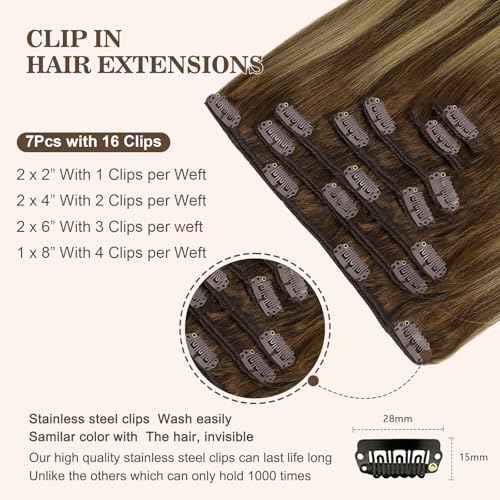 Clip in Hair Extensions Real Human Hair, 120g 7pcs Human Hair Extension Clips, 22 Inch Chocolate Brown to Caramel Blonde #4/27/4 Human Hair Clip in Extensions, Double Weft Clip in Human Hair Extensions Straight Hair