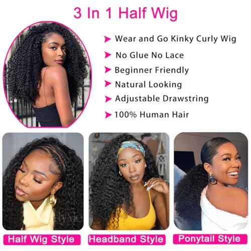 Kinky Curly Half Wig Human Hair 200% Density 3 In 1 Seamless Flip Over Half Wigs Human Hair Glueless Wear and Go Beginner Friendly Kinky Curly Wig Human Hair Drawstring Headband Wig for Women 20 Inch