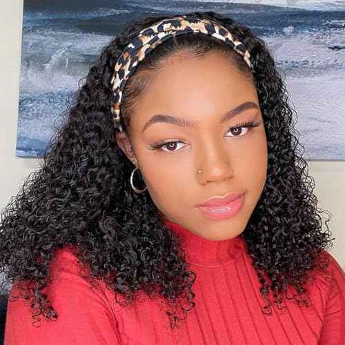 200 Density Headband Wig Human Hair Glueless Wigs Curly Wig Human Hair Deep Wave Wig for Black Women 16 Inch Wear And Go Beginner Friendly Natural Black Brazilian Virgin Hair