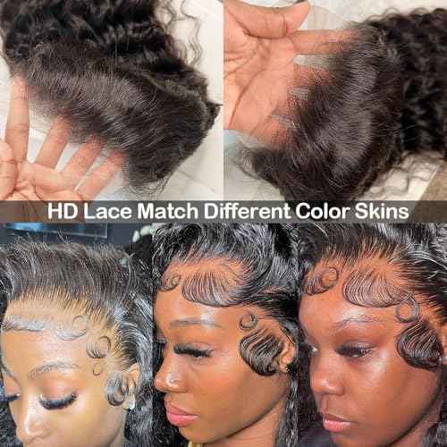 13x6 Deep Wave Lace Front Wigs Human Hair 200% Density HD Lace Frontal Wigs Glueless Curly Wigs Human Hair Pre Plucked with Baby Hair Wet And Wavy Wigs for Black Women 26 inch