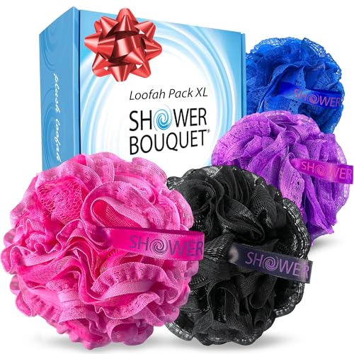 Loofah-Bath-Sponge Hot-Lacey-Mesh // 4-Sexy-Lace-Colors by Shower Bouquet / 2-Scrubs-in-1 Large Full 60g Pouf Body Luffa Loofa Loufa Puff - Exfoliate, Cleanse Skin with Luxurious Bathing Accessories