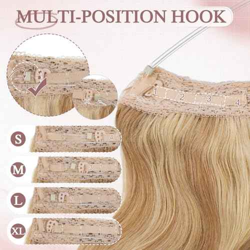 Halo Hair Extensions Real Human Hair Wavy Invisible Wire Hairpiece Adjustable One Piece With 2 Secure Clips For Women to Add Length,16 Inch 18P613 Gold Blonde Mixed Bleach Blonde,65g
