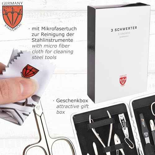 3 Swords Germany - brand quality 11 piece manicure pedicure grooming kit set for professional finger & toe nail care scissors clipper black genuine leather case in gift box, Made in Germany