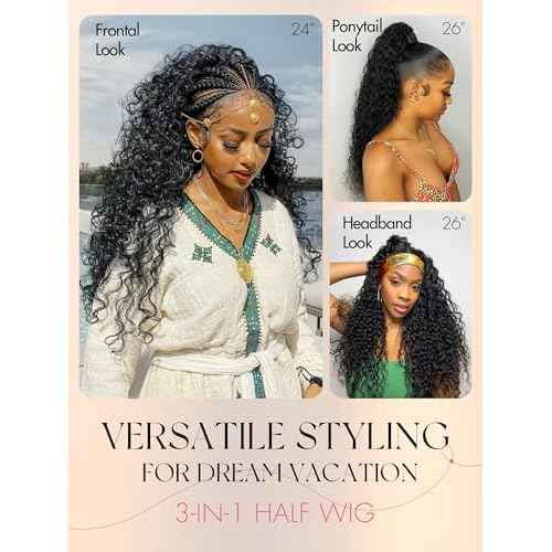 LUVME HAIR Half Wig Human Hair Water Wave Flexi-Fit Invisi Flip Drawstring Wig 200% Density Glueless Wigs 100% Human Hair Natural Black Ready to Go Headband Wig for Women