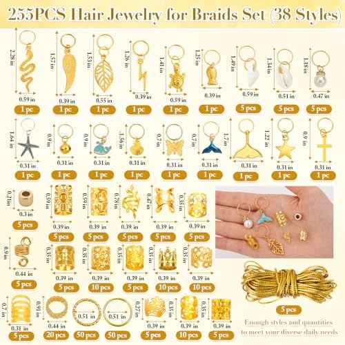 255 PCS Gold Hair Jewelry for Braids, 38 Styles Loc Hair Charms for Women Men, Metal Hair Cuffs Rings Clips for Dreadlock Accessories Hair Braids Jewelry Decorations(Gold)