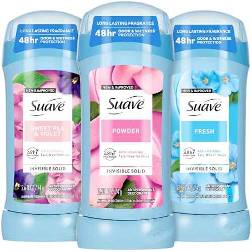 Suave Antiperspirant Deodorant for Women Variety 3-Pack ? Powder, Fresh, Sweet Pea & Violet, Anti-Staining Invisible Solid, Talc-Free, 2.7 Oz Ea
