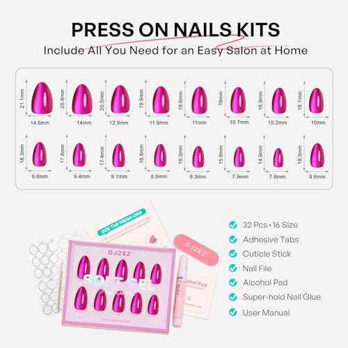 Hot Pink Almond Cat Eye Press on Nails - GJZEZ Soft Gel Short Fuchsia Glass Cateye Fall Stick on Nails Press Ons, Neon Pink Mauve Fake Nail | 16 Sizes - 32 pcs Reusable Prom False Nail, Magenta Rose
