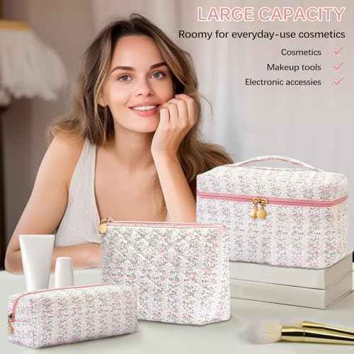 3Pcs Quilted Pink Floral Makeup Bag Cosmetic Bag for Women Teen Girls,Cute Flowers Make Up Bags,Aesthetic Large Cotton Cosmetic Pouch,Flower Coquette Travel Toiletry Organizer Storage Bag