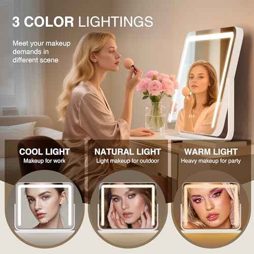 Vanity Mirror with Lights 21"¡¿15.7" LED Makeup Mirror,Dimmable Smart Touch Control Mirror with Lights for Bedroom Tabletop,10X Magnifier &360¡Æ Rotation,Vanity Mirror Square White,Ideal Gifts for Her