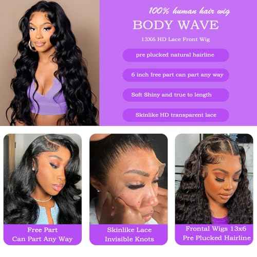 13x6 Body Wave Lace Front Wigs Human Hair 200% Density HD Lace Front Wigs Human Hair Pre Plucked Glueless Wig 100% Virgin Lace Frontal Wigs for Women Natural Color (20inch)