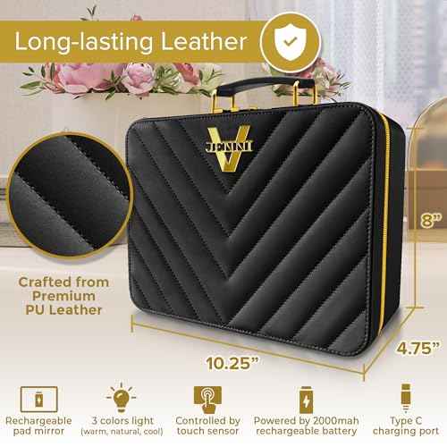 JENNI V Upscale PU Leather Makeup Bag with Light Up Mirror, 3 Brightness Settings, Adjustable Dividers - Replace Your Bulky Vanity While On the Go - Chic Travel Makeup Case Box - Makeup Organizer Bag