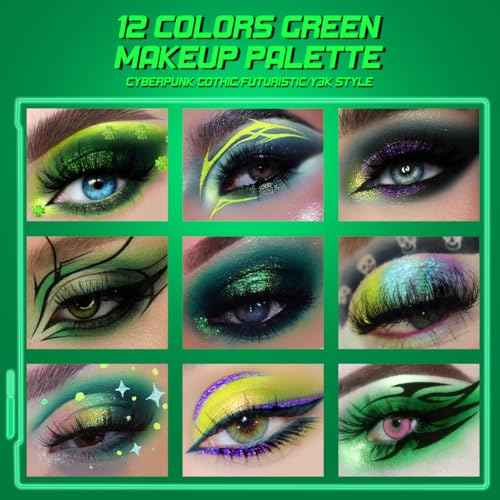 Green Eyeshadow Makeup Palette, 12 Color Green Glitter Holographic Eyeshadow with Matte Shimmer for Brown Eyes, Pigmented Silky Long Last Neon Yellow Blue Eye Shadow for Christmas, Party, Wicked,Vegan