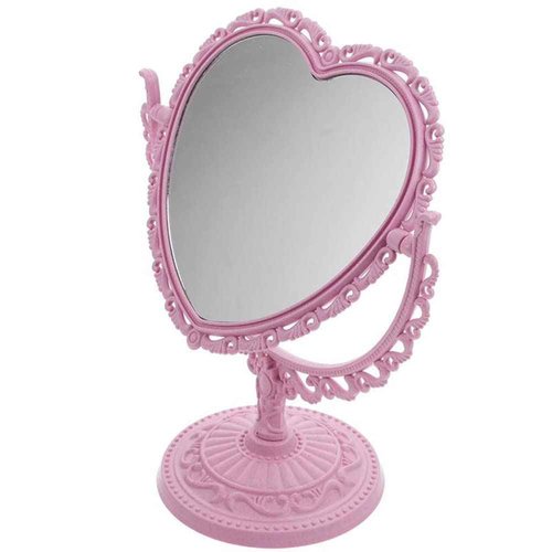AKOAK Heart-Shaped Cosmetic Mirror - Plastic, Double-Sided, Rotatable, Lightweight - Bathroom & Bedroom Mirror (Pink)
