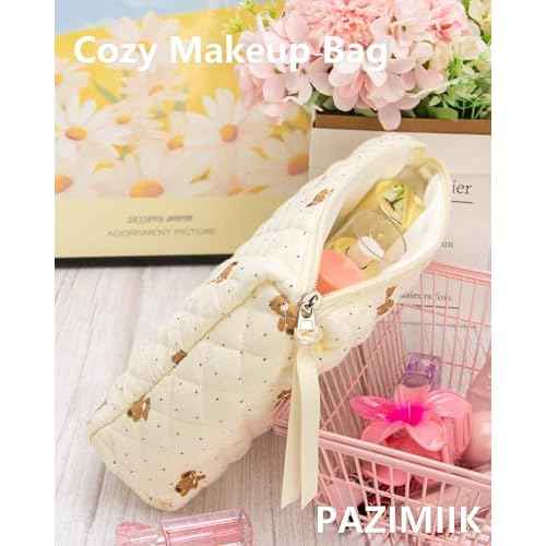 PAZIMIIK Quilted Makeup Bag Large Travel Zipper Soft Cosmetic Pouch for Women Girls Make Up,Gauze Bear