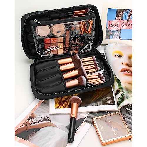 Relavel Makeup Brush Bag Large Makeup Brush Organizer Travel Makeup Artist Case with Detachable Clear Pouches, Professional Cosmetic Organizer Bag, Black