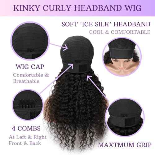 Headband Wig Human Hair Kinky Curly 26 inch None Lace Front Wig Human Hair Machine Made Wigs Glueless Curly Hair Headband Half Wigs for Black Women Human Hair Natural Color