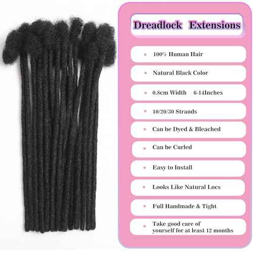 Loc Extension Human Hair 0.8cm Width 8inch 30 Strands 100% Full Handmade Permanent Dreadlock Extension Human Hair for Women/Men/Girl Can Be Dyed Bleached Curled (0.8cm,8Inch,30Strands£¬ Natual Black)