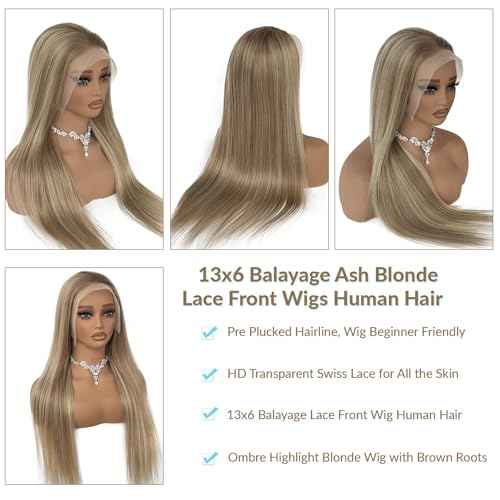 13x6 Ombre Blonde Lace Front Wig Human Hair HD Lace Balayage Highlight Ash Blonde Long Straight Frontal Lace Wigs 180% Density 22 Inch Glueless Blonde Highlight Wig with Brown Roots Pre Plucked