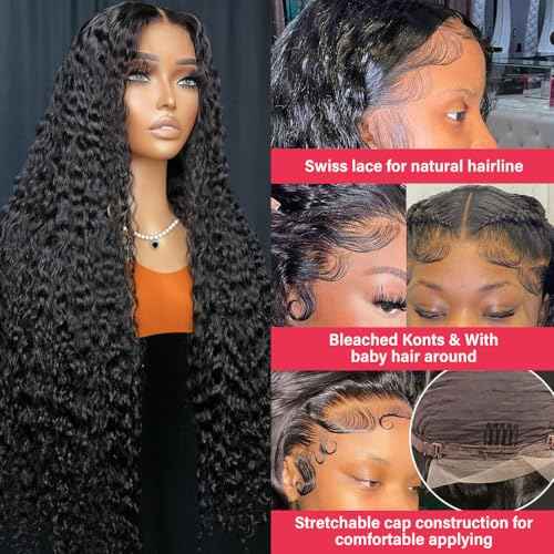 28 Inch Deep Wave Lace Front Wigs Human Hair 200% Density 13x4 HD Lace Front Wigs Human Hair Pre Plucked Deep Curly Wig for Women Natural Black