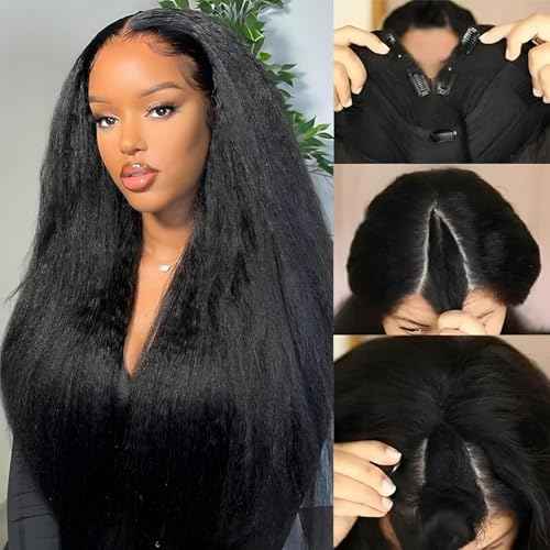 V Part Wig Human Hair Kinky Straight 20 Inch Vpart Human Hair Wig Upgrade U Part Wig Yaki Straight Clip in Half Wigs for Black Women Glueless No Leave Out 180% Density Natural Color