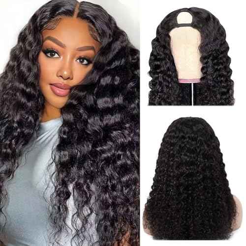 U Part Wigs Human Hair for Black Women Deep Wave Human Hair Brazilian Hair Full Head Clip in Half Wig V Part Glueless Wigs Human Hair Pre Plucked U Shape Wigs (Natural Black, 22 inch)