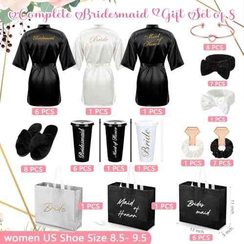 56 Pcs Bridesmaid Bride Robes Set of 8 Bridal Party Silk Satin Robes for Wedding Bachelorette Party Gifts(White,Black)