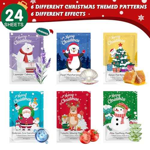 24 Pack Christmas Facial Masks for Stocking Stuffers, Hydrating Sheet Face Masks Skincare, Bulk Facial Masks Set for Women Skin Care, Christmas Gifts for Women