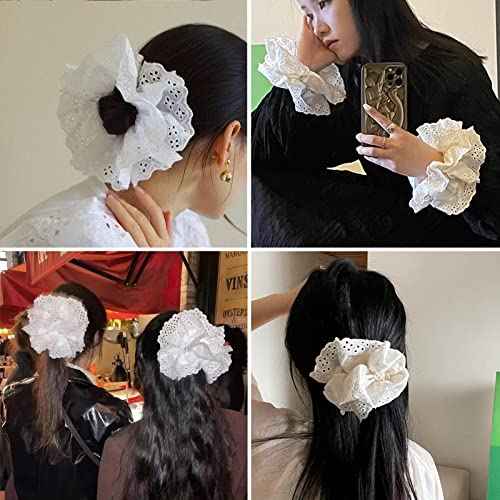 Hair Ties for Women Hair Scrunchies Girls 1 Piece Set White Scrunchie Lace Design Premium Fabric Ponytail Holder (White)