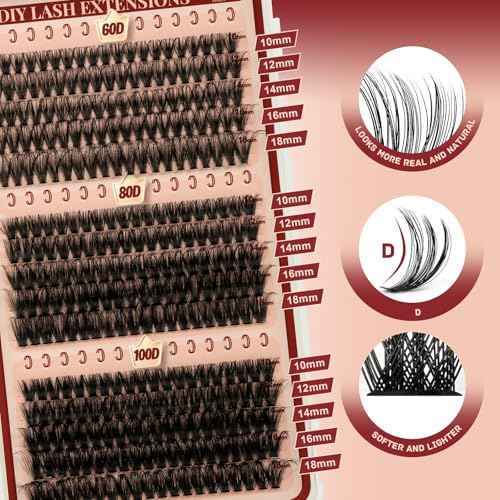 Higu clace Lash Clusters 600pcs 30D+40D+50D+60D+80D+100D Eyelash Clusters 6 Styles Mixed 10-18MM, Wispy Cluster Eyelash Extensions, Easy to Use, Can DIY at Home