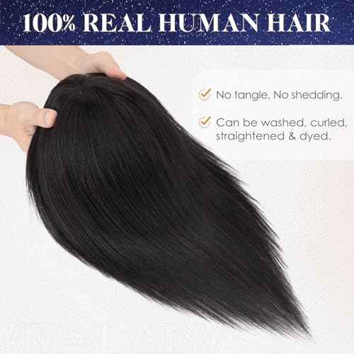 MY-LADY Human Hair Toppers for Women Real Human Hair with Bangs Thin 9 * 12CM Lace Base Clip in Remy Hairpieces Hand-Tied Light Weight 12 Inch Natural Black